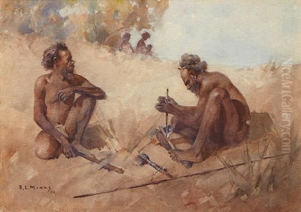 Two Aborigines Lighting A Fire Oil Painting by Benjamin Edwin Minns