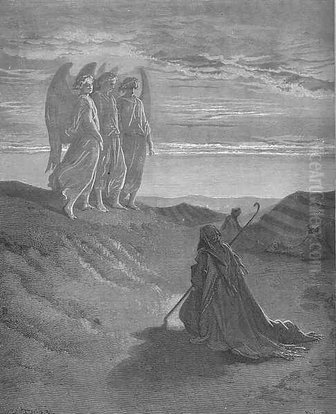 Abraham Entertains Three Strangers Oil Painting by Gustave Dore