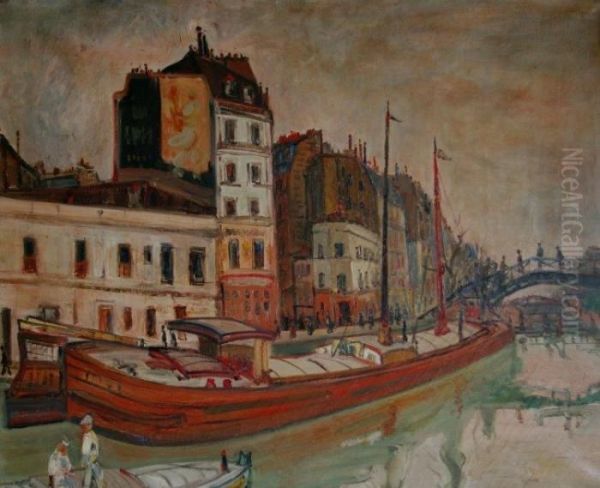 Peniche A Quai Sur Le Canal Saint-martin Oil Painting by Abraham Mintchine