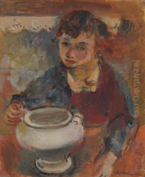 Boy With A Bowl Oil Painting by Abraham Mintchine