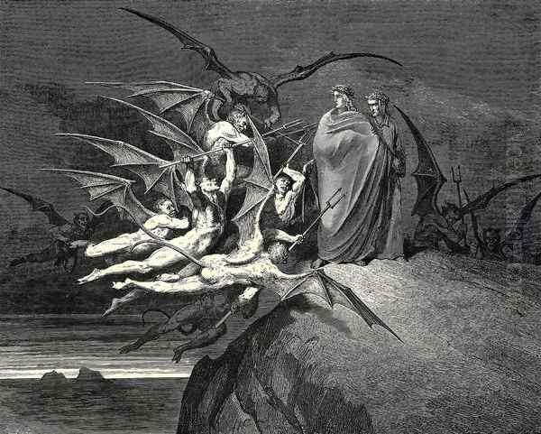 The Inferno, Canto 21, line 70: 'Be none of you outrageous.' Oil Painting by Gustave Dore