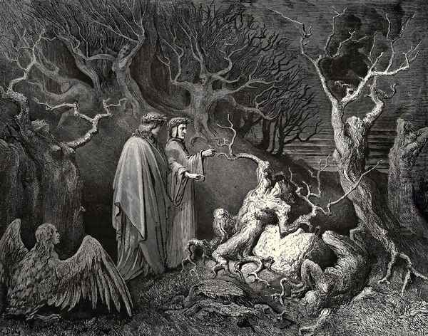 The Inferno, Canto 13, line 34: And straight the trunk exclaim'd: Why pluck'st thou me? Oil Painting by Gustave Dore