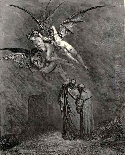 The Inferno, Canto 9, line 46: 'Mark thou each dire Erinnys.' Oil Painting by Gustave Dore