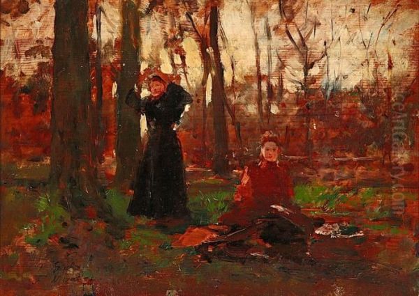 Jovenes En El Bosque Oil Painting by Francisco Miralles Galup