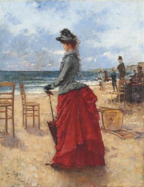 An Elegant Lady On The Beach Oil Painting by Francisco Miralles Galup