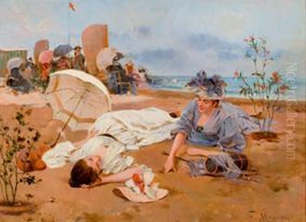 Damas En La Playa Oil Painting by Francisco Miralles Galup