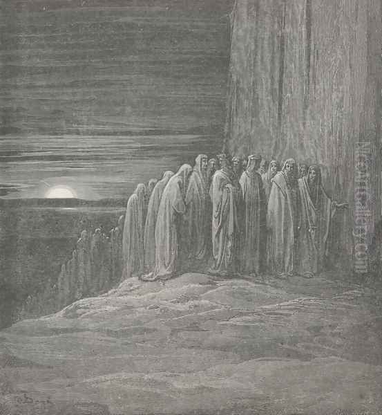 Soon they o'ertook us; with such swiftness mov'd The mighty crowd. (Canto XVIII., lines 98-99) Oil Painting by Gustave Dore