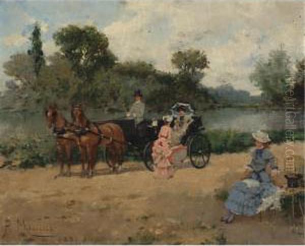 Carriage Ride By The River Oil Painting by Francisco Miralles Galup