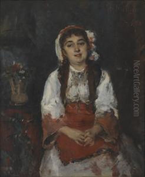 Nina Con Tocado De Flores Oil Painting by Francisco Miralles Galup