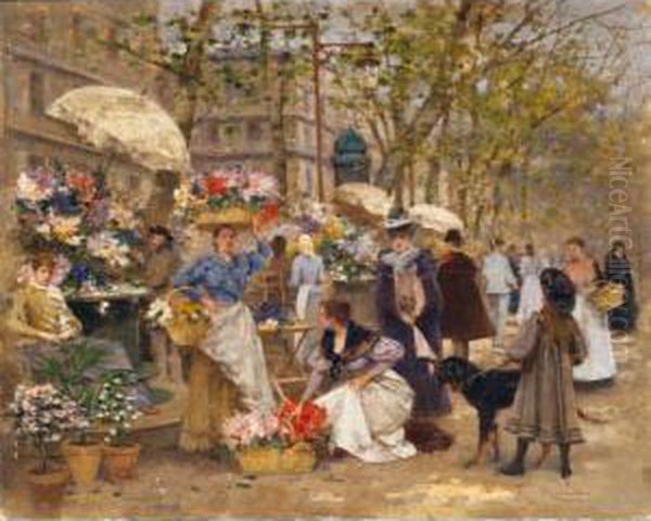 Mercado De Flores En Paris (the Flower Market, Paris) Oil Painting by Francisco Miralles Galup