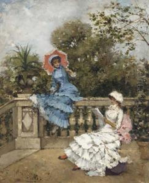 Elegant Ladies On A Terrace Oil Painting by Francisco Miralles Galup