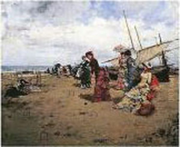 Jugando Al Croquet En La Playa (croquet On The Beach) Oil Painting by Francisco Miralles Galup