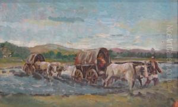 Crossing The Ford Oil Painting by Gore Mircescu