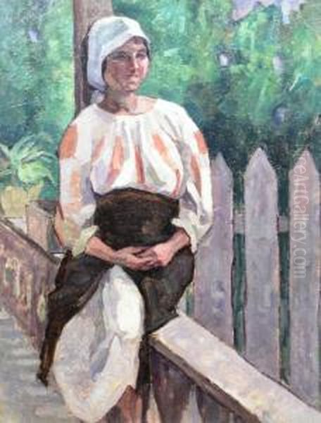 Peasant Woman Sitting Oil Painting by Gore Mircescu