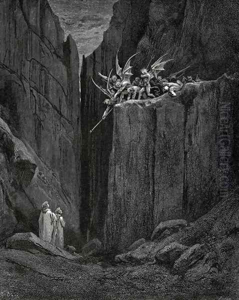 The Inferno, Canto 23, lines 52-54: Scarcely had his feet Reach'd to the lowest of the bed beneath, When over us the steep they reach'd Oil Painting by Gustave Dore