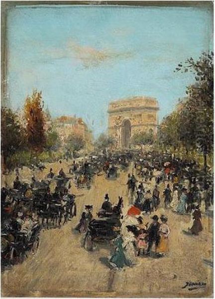 Promeneurs Sur L'avenue Du Bois A Paris Oil Painting by Gaspar Miro Y Lleo