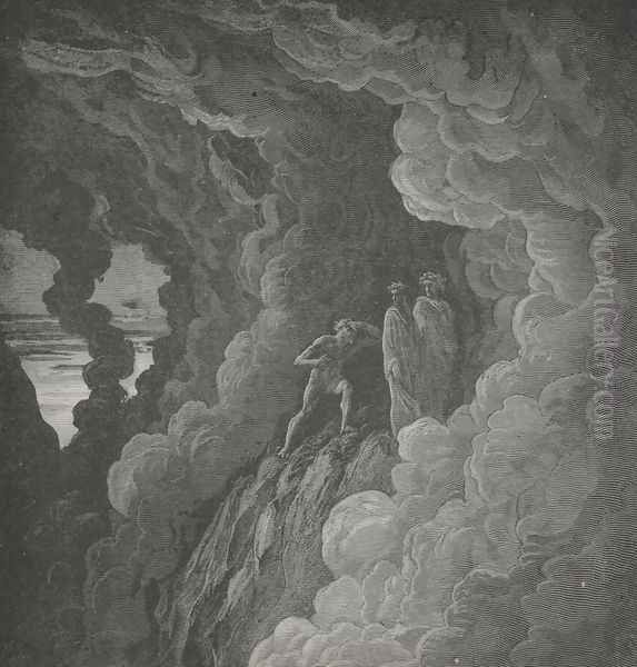 since the cloudy smoke Forbids the seeing, hearing in its stead Shall keep us join'd. (Canto XVI., lines 37-39) Oil Painting by Gustave Dore