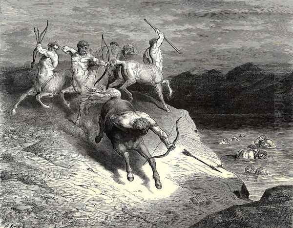 The Inferno, Canto 12, lines 73-74: We to those beasts, that rapid strode along, Drew near Oil Painting by Gustave Dore