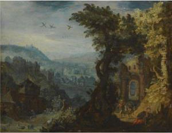 An Extensive Landscape With 
Figures On A Path To The Right And Avillage With A Mill To The Left Oil Painting by Anton Mirou