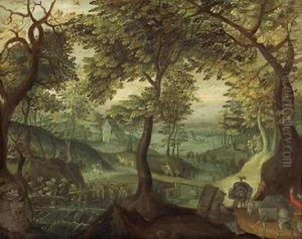 An Imaginary Landscape With Figures Anddonkeys In The Foreground Oil Painting by Anton Mirou