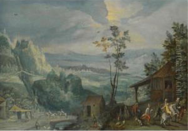 An Extensive Landscape With Villagers In The Foreground Oil Painting by Anton Mirou