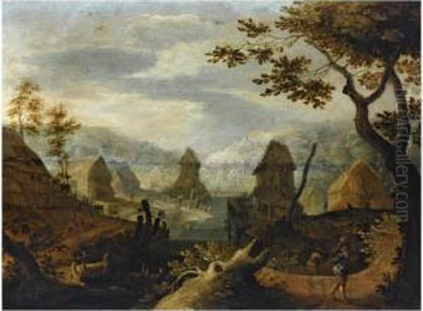 A River Landscape With A Village In Schwalbach With Travellers To The Right Oil Painting by Anton Mirou