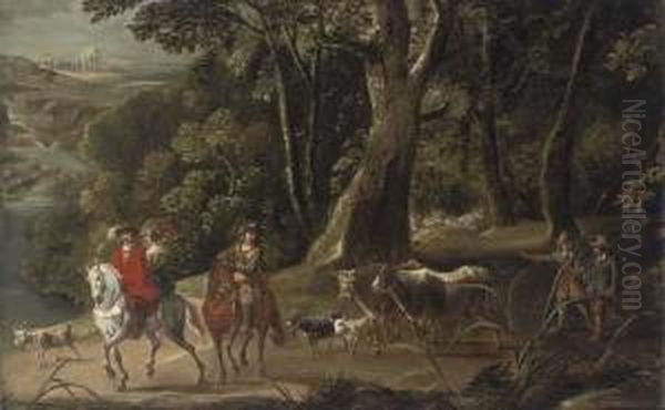 A River Landscape With Elegant Figures On Horseback, Drovers And Their Cattle Behind Oil Painting by Anton Mirou