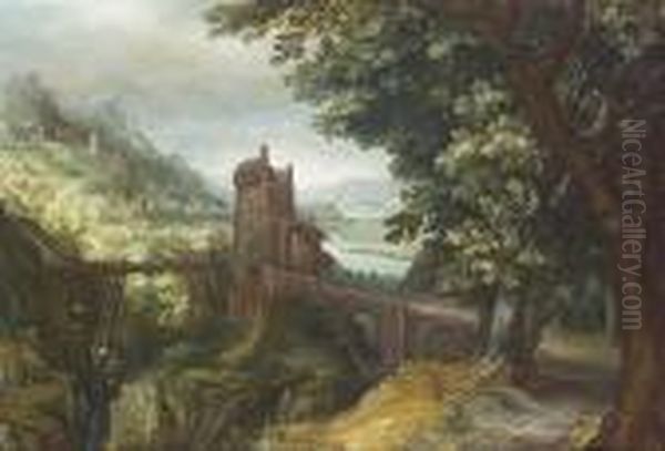 A Mountainous River Landscape 
With Figures Resting Amongst Trees And The Ruins Of A Castle Oil Painting by Anton Mirou