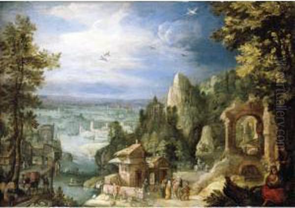 An Extensive Landscape With The Rest On The Flight Onto Egypt Oil Painting by Anton Mirou