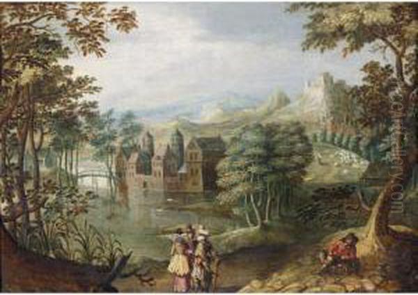 A Wooded Landscape With Two 
Cavaliers And A Lady Conversing Before A Lake, A Peasant To The Right Oil Painting by Anton Mirou