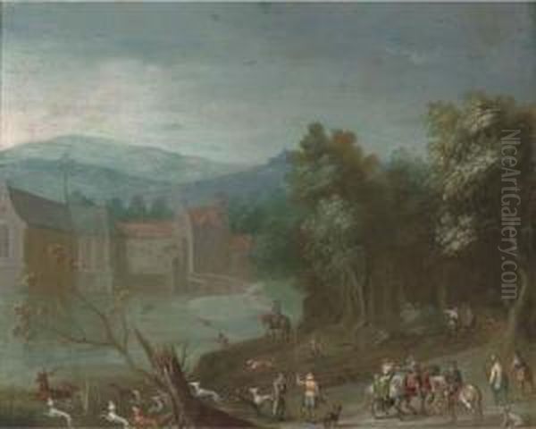 A Wooded River Landscape With A Stag Hunt, A Castle Beyond Oil Painting by Anton Mirou