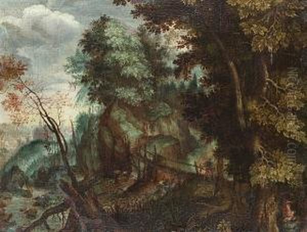 A Wooded Landscape With The Rest On The Flight Into Egypt Oil Painting by Anton Mirou