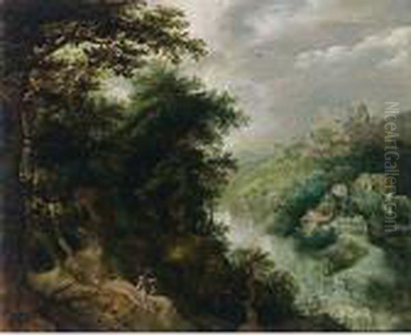 An Extensive Wooded River 
Landscape With A Huntsman And His Dogs On A Path, A Village Beyond Oil Painting by Anton Mirou