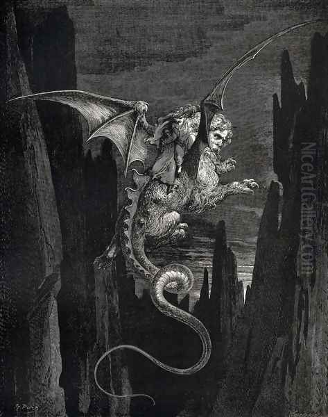 The Inferno, Canto 17, line 117: New terror I conceiv'd at the steep plunge Oil Painting by Gustave Dore