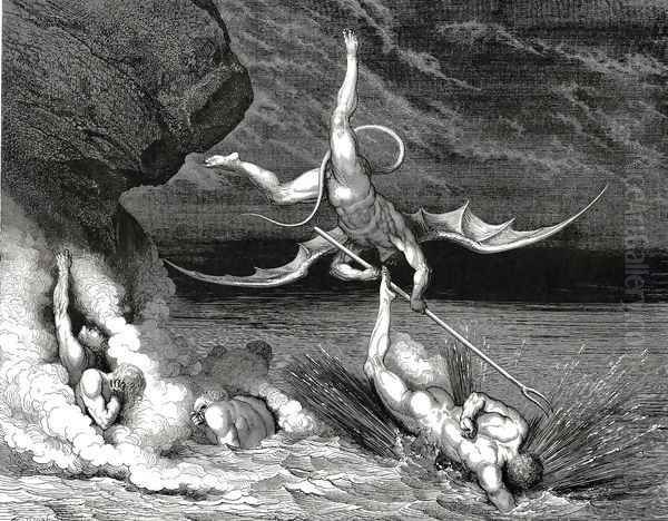 The Inferno, Canto 22, line 70: In pursuit He therefore sped, exclaiming, Thou art caught. Oil Painting by Gustave Dore