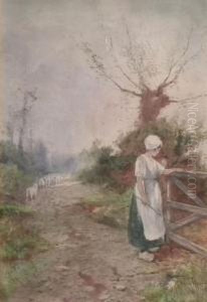 Dutch Country Landscape With Shepherdessby A Gate And Her Flock To Background Oil Painting by Hutton Mitchell