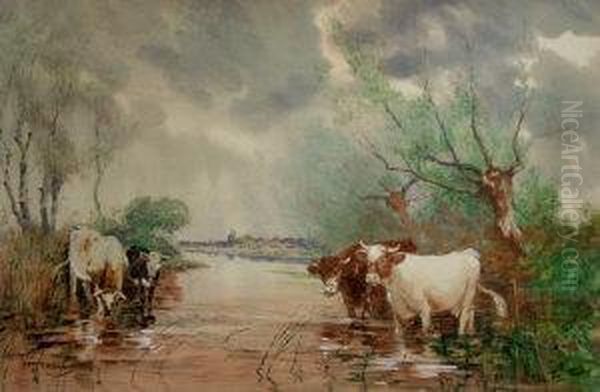 Cattle Watering In A Tranquil River Landscape Oil Painting by Hutton Mitchell