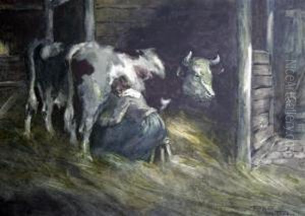 Milking The Cow Oil Painting by Hutton Mitchell