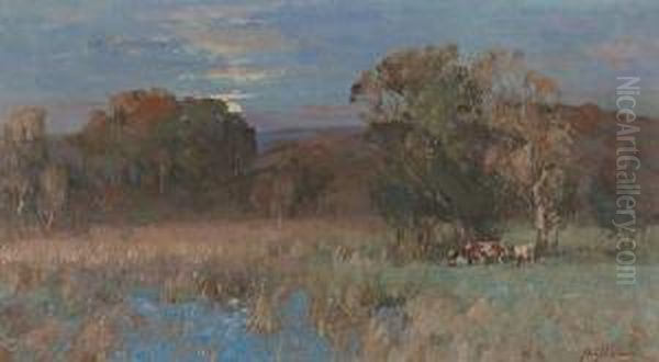 Cattle Watering, Moonlight Oil Painting by John Campbell Mitchell