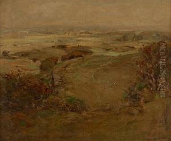 Shepherd And Flock, Possibly Galloway Oil Painting by John Campbell Mitchell