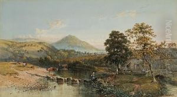 An Extensive River Landscape With A Womancrossing Oil Painting by Philip Mitchell