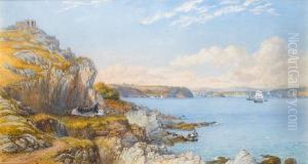 Below The Grotto On Penlee Point Lookingtowards Plymouth Sound Oil Painting by Philip Mitchell