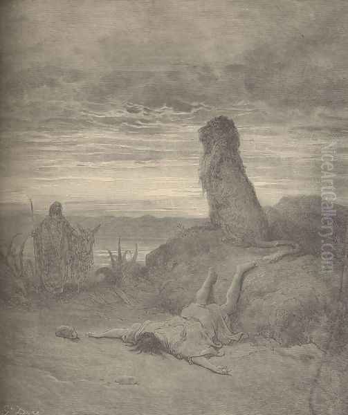 The Prophet Slain By A Lion Oil Painting by Gustave Dore