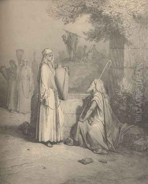 Eliezer And Rebekah Oil Painting by Gustave Dore