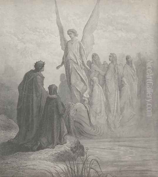 The heav'nly steersman at the prow was seen, (Canto II., line 45) Oil Painting by Gustave Dore