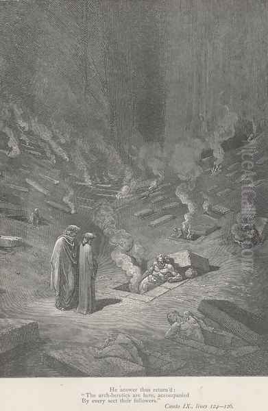 The arch-heretics are here, (Canto IX., line 125) Oil Painting by Gustave Dore