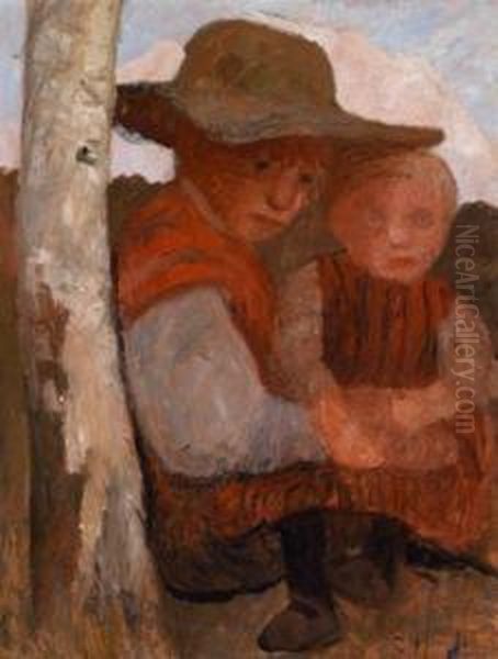 Sitzendes Madchenmit Strohhut Und Kind Auf Dem Schos Oil Painting by Paula Modersohn-Becker