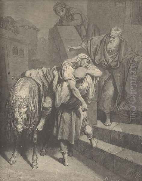 Arrival Of The Samaritan At The Inn Oil Painting by Gustave Dore