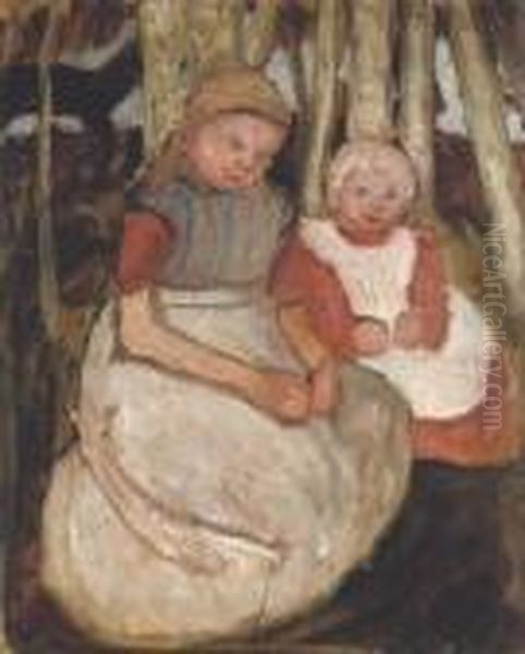 Zwei Sitzende Madchen Vor Birkenstammen Oil Painting by Paula Modersohn-Becker