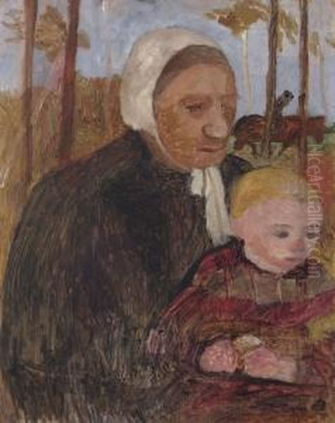 Bauerin Mit Kind, Im Hintergrund Ein Reiter Oil Painting by Paula Modersohn-Becker